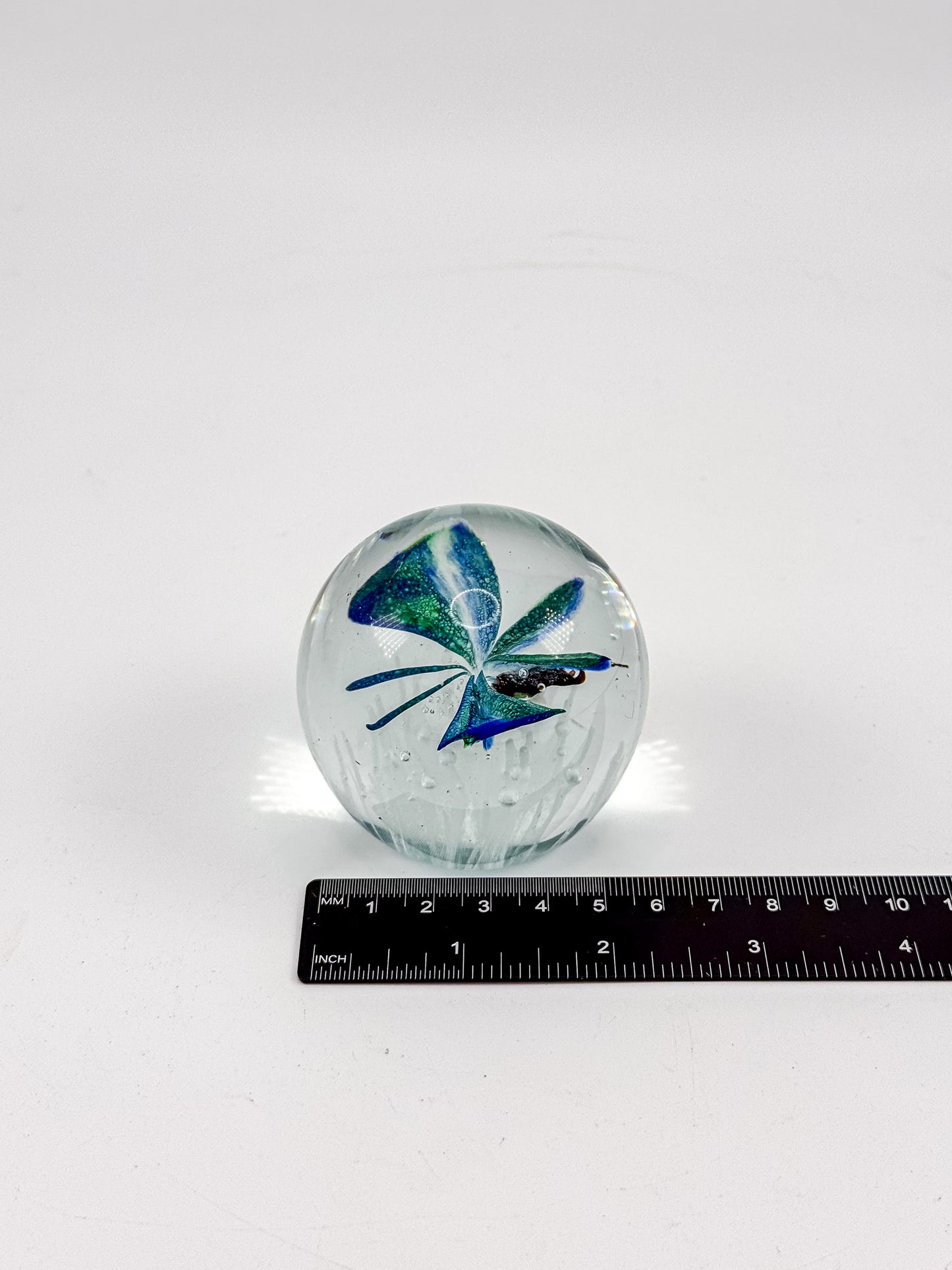 Art Glass Butterfly Paperweight, Cobalt Blue and Teal Lampwork Globe with Controlled Bubbles