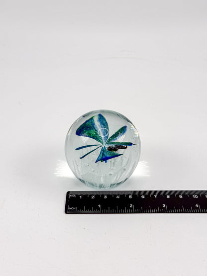 Art Glass Butterfly Paperweight, Cobalt Blue and Teal Lampwork Globe with Controlled Bubbles