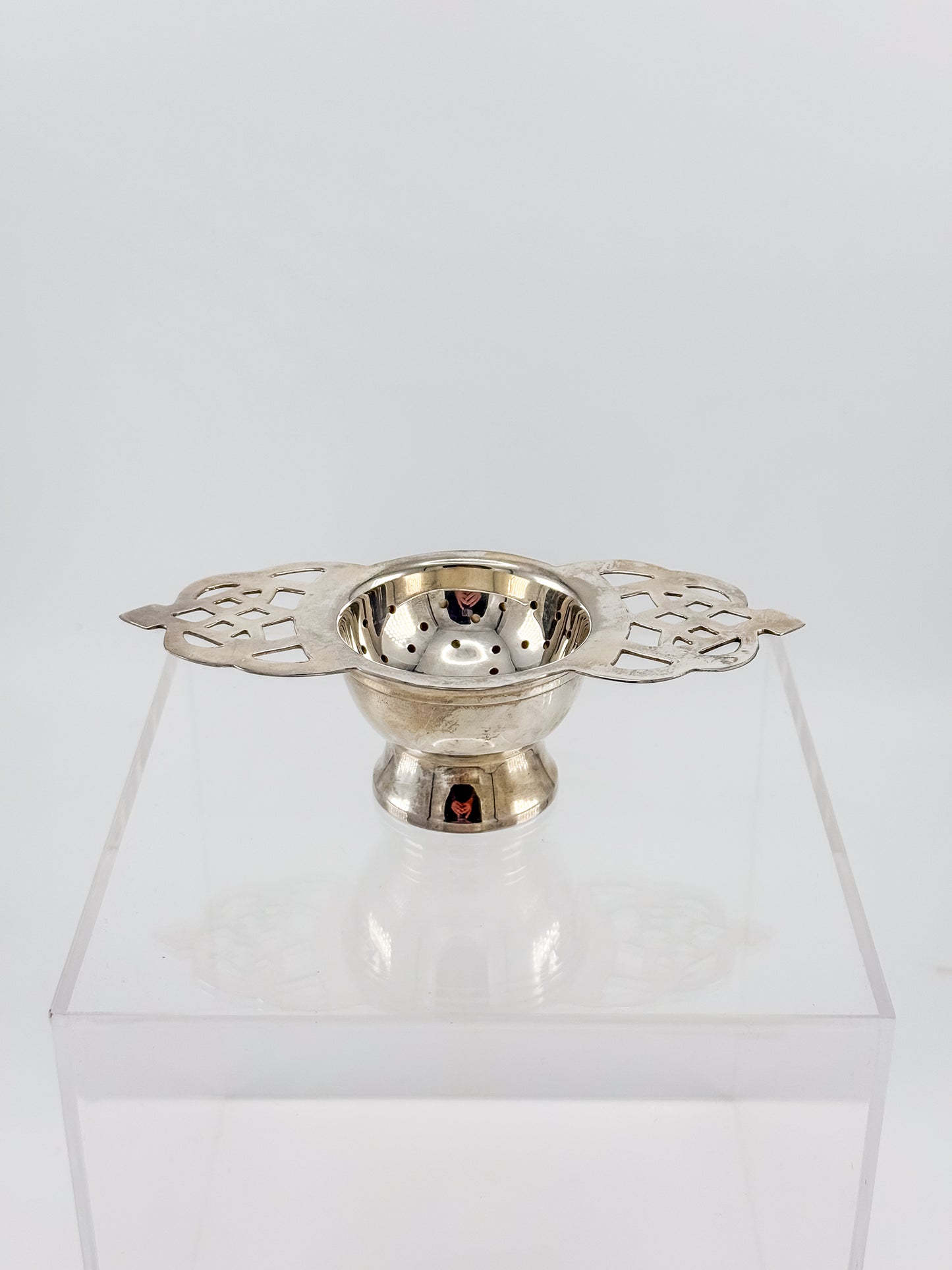 Vintage Silver or Nickel Plated Tea Strainer with Reticulated Celtic Knotwork Handles and Drip Bowl