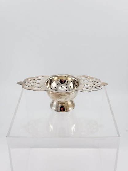 Vintage Silver or Nickel Plated Tea Strainer with Reticulated Celtic Knotwork Handles and Drip Bowl