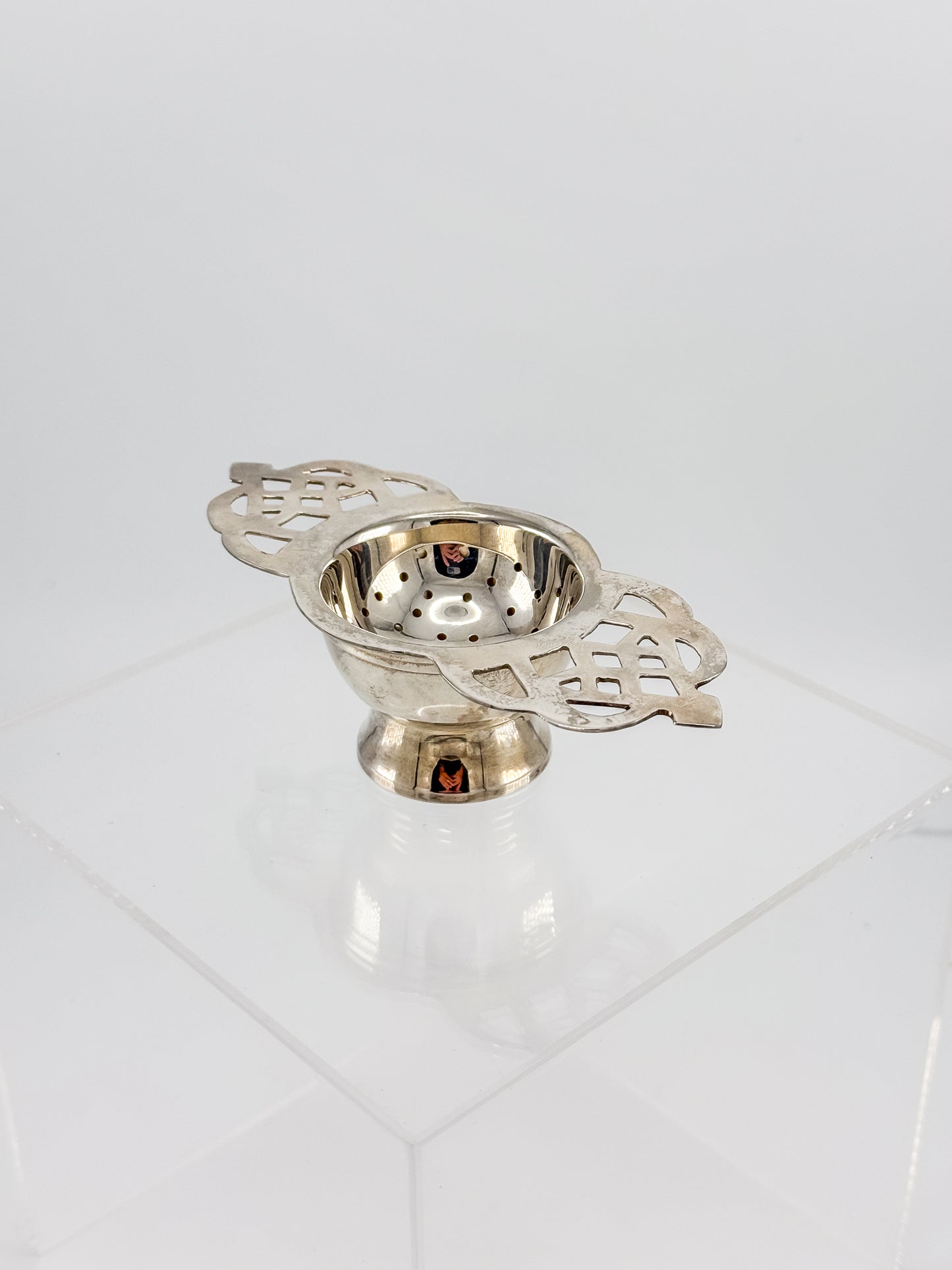 Vintage Silver or Nickel Plated Tea Strainer with Reticulated Celtic Knotwork Handles and Drip Bowl