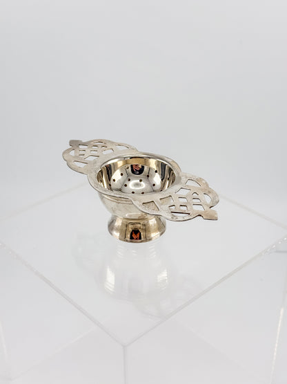 Vintage Silver or Nickel Plated Tea Strainer with Reticulated Celtic Knotwork Handles and Drip Bowl