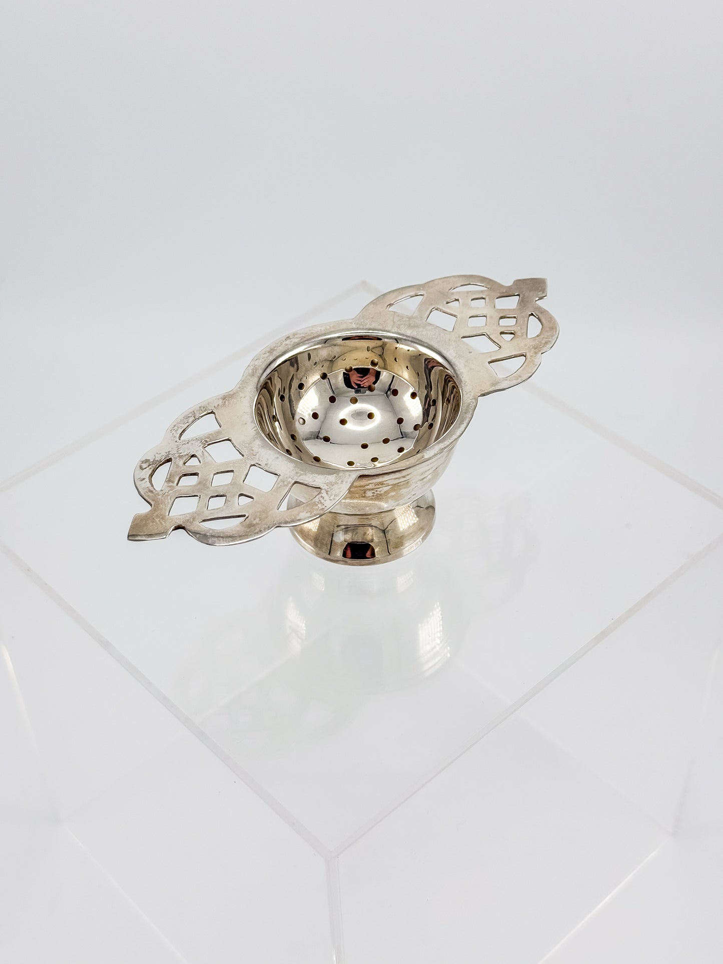 Vintage Silver or Nickel Plated Tea Strainer with Reticulated Celtic Knotwork Handles and Drip Bowl