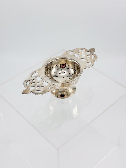 Vintage Silver or Nickel Plated Tea Strainer with Reticulated Celtic Knotwork Handles and Drip Bowl