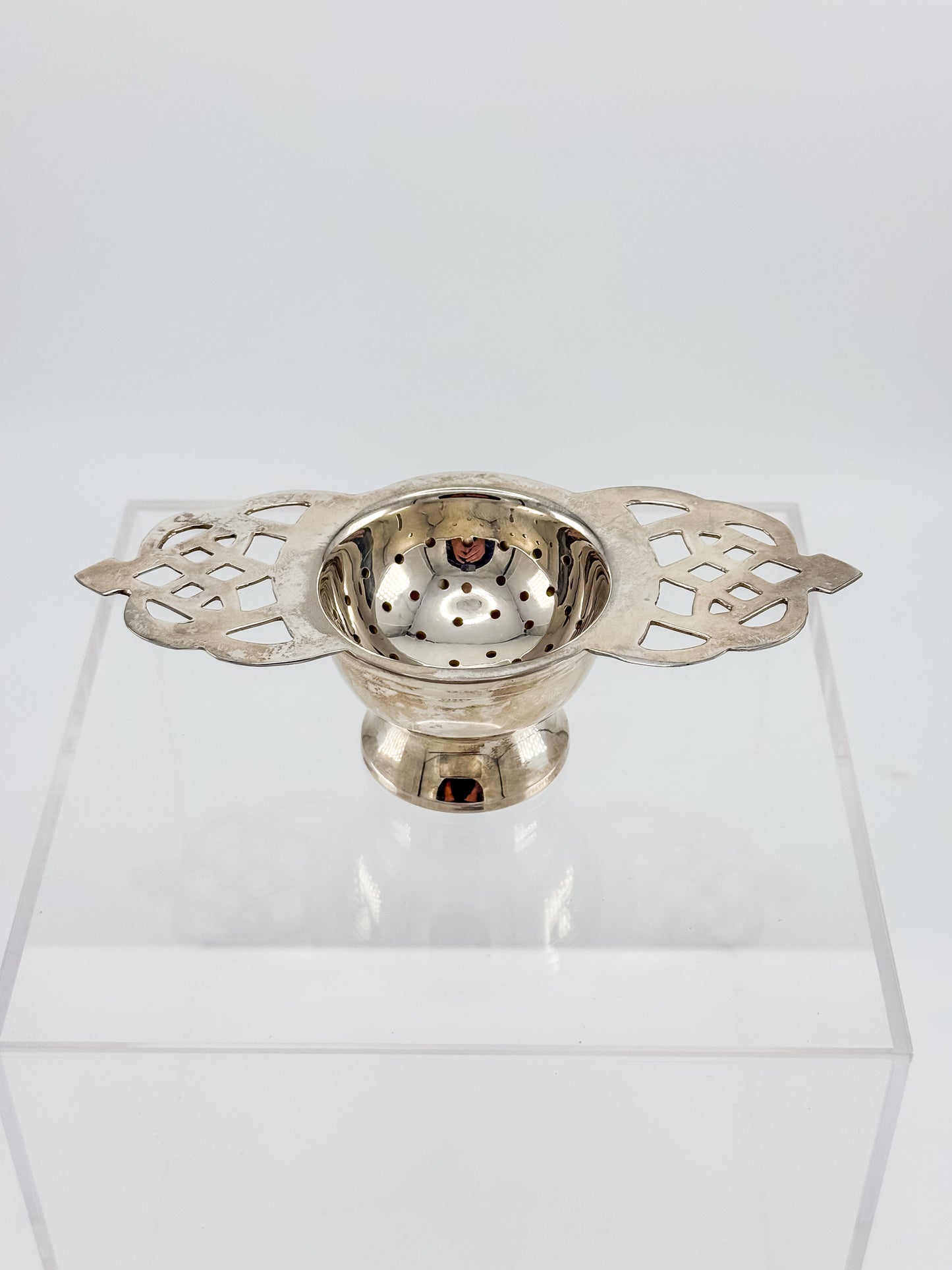 Vintage Silver or Nickel Plated Tea Strainer with Reticulated Celtic Knotwork Handles and Drip Bowl