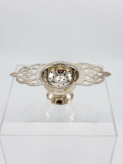 Vintage Silver or Nickel Plated Tea Strainer with Reticulated Celtic Knotwork Handles and Drip Bowl