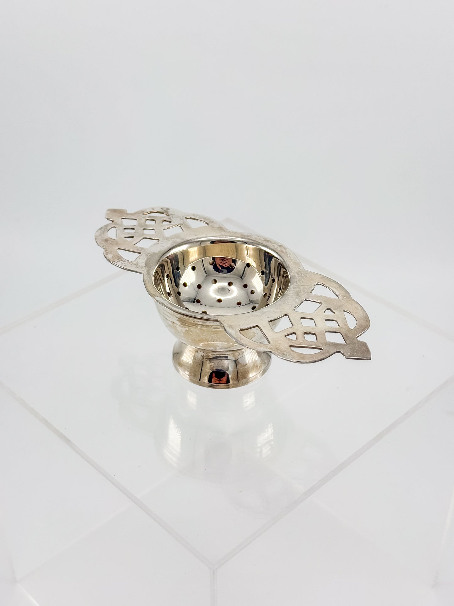 Vintage Silver or Nickel Plated Tea Strainer with Reticulated Celtic Knotwork Handles and Drip Bowl