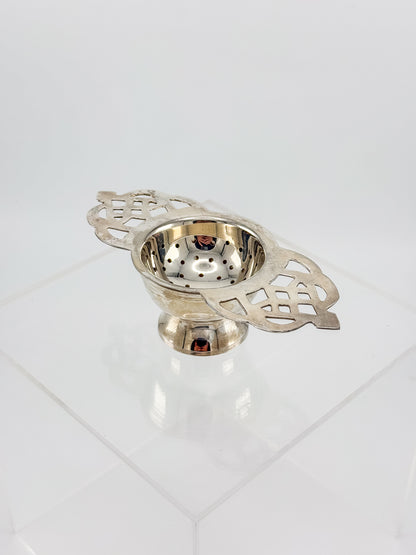 Vintage Silver or Nickel Plated Tea Strainer with Reticulated Celtic Knotwork Handles and Drip Bowl