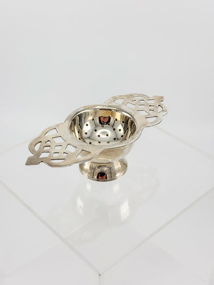 Vintage Silver or Nickel Plated Tea Strainer with Reticulated Celtic Knotwork Handles and Drip Bowl