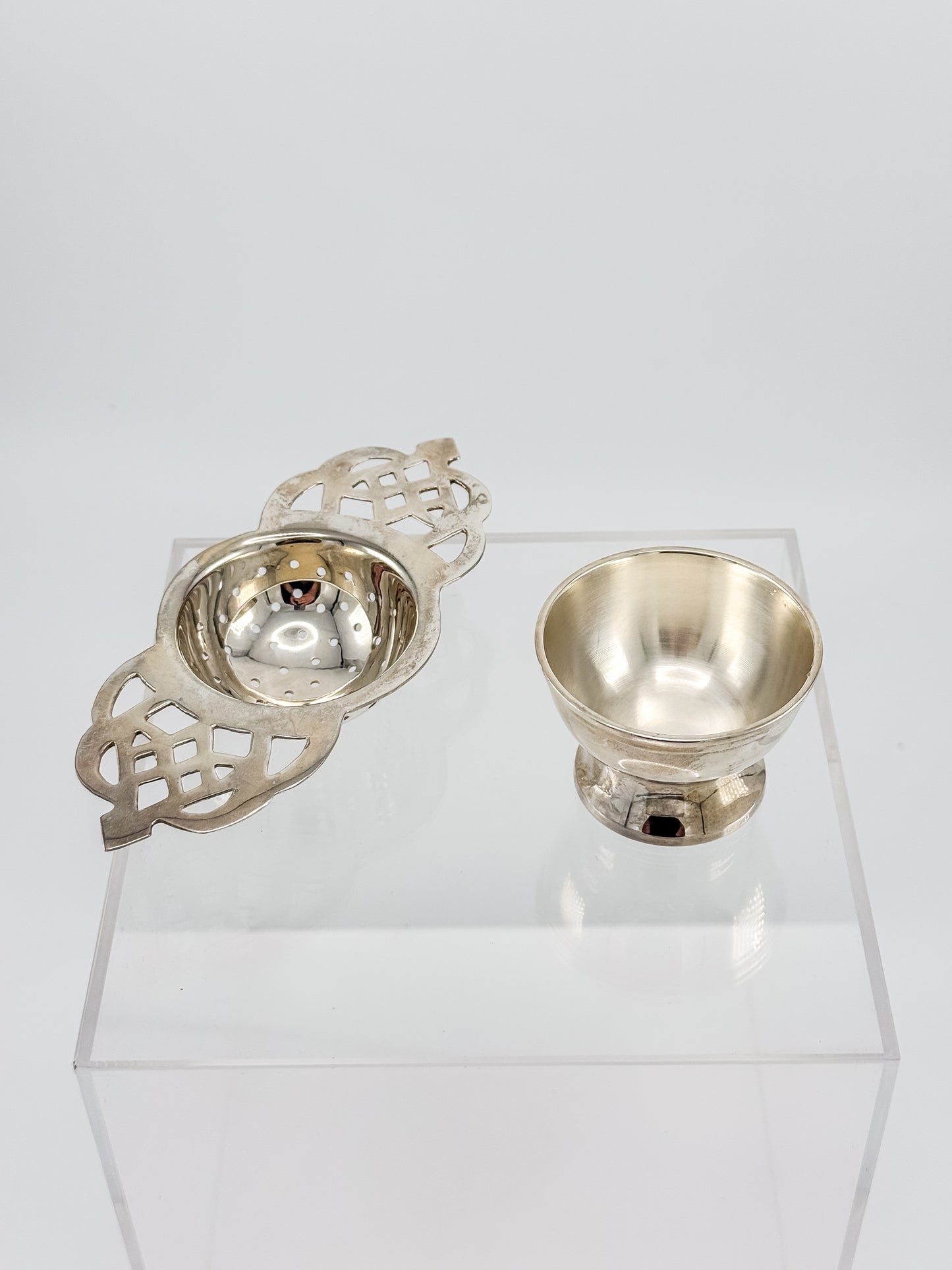 Vintage Silver or Nickel Plated Tea Strainer with Reticulated Celtic Knotwork Handles and Drip Bowl