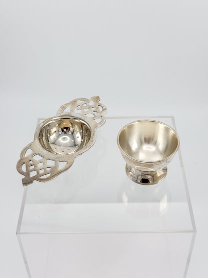 Vintage Silver or Nickel Plated Tea Strainer with Reticulated Celtic Knotwork Handles and Drip Bowl