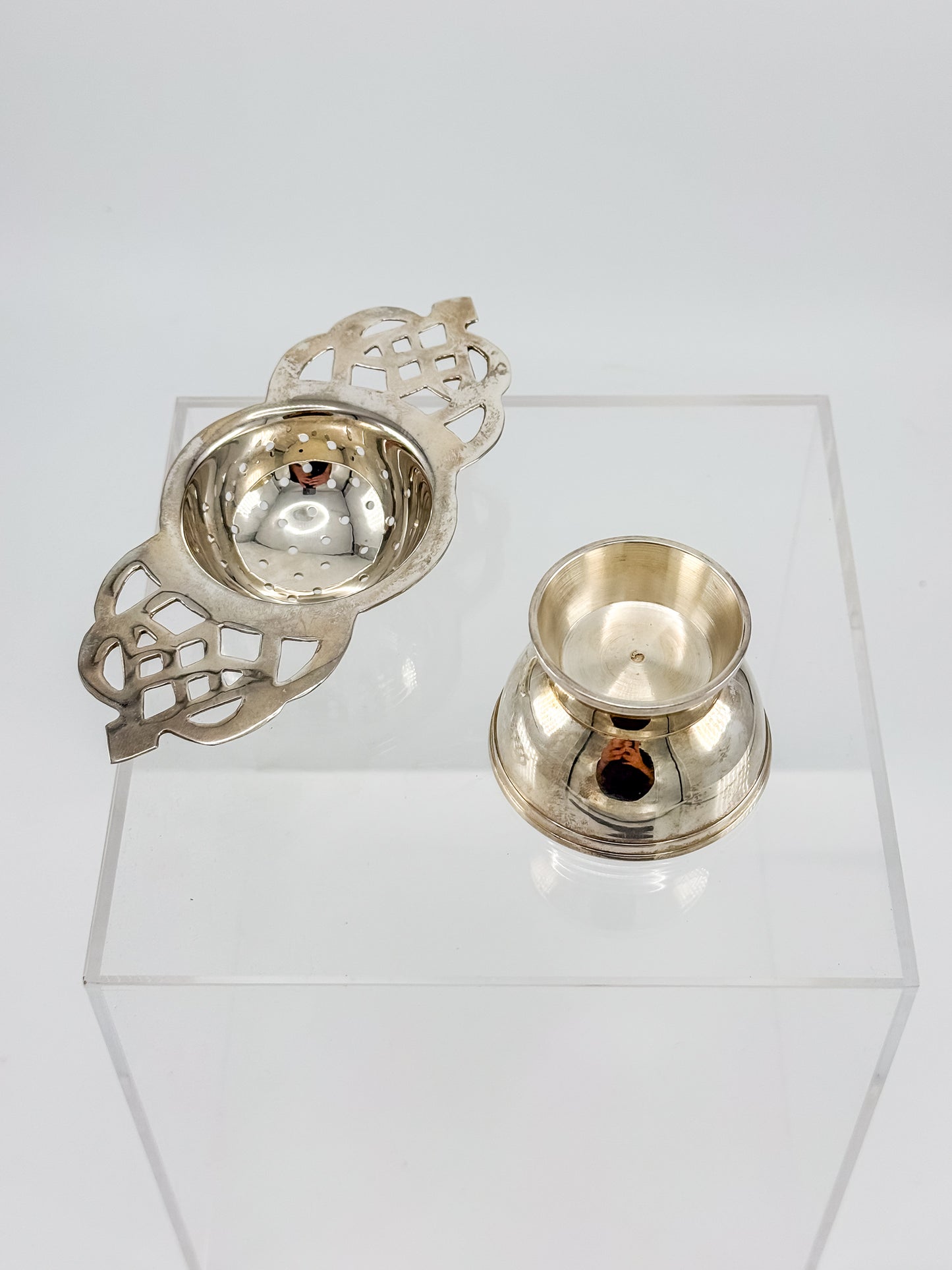 Vintage Silver or Nickel Plated Tea Strainer with Reticulated Celtic Knotwork Handles and Drip Bowl