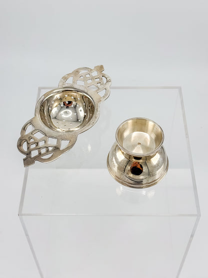 Vintage Silver or Nickel Plated Tea Strainer with Reticulated Celtic Knotwork Handles and Drip Bowl