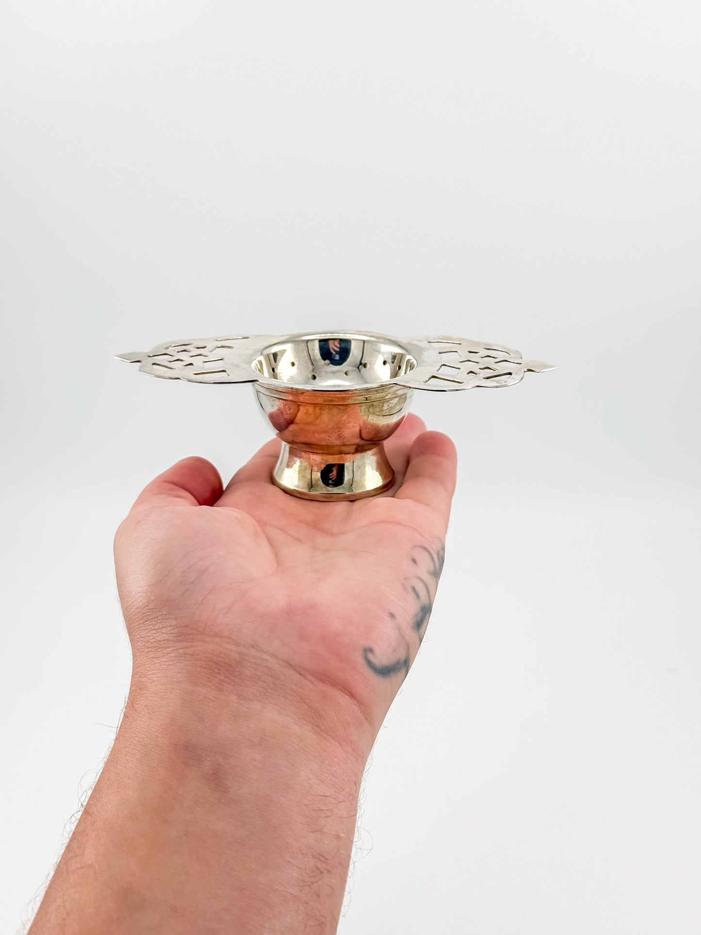 Vintage Silver or Nickel Plated Tea Strainer with Reticulated Celtic Knotwork Handles and Drip Bowl