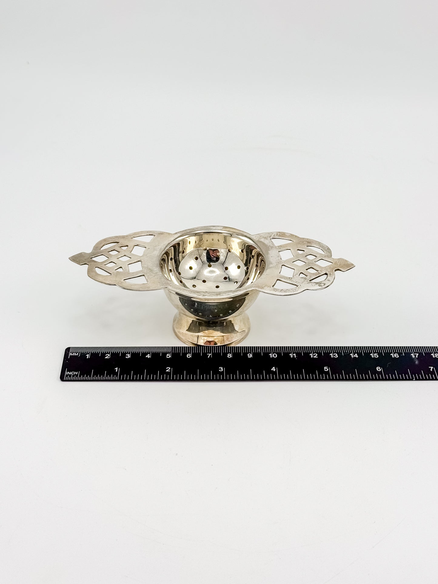 Vintage Silver or Nickel Plated Tea Strainer with Reticulated Celtic Knotwork Handles and Drip Bowl