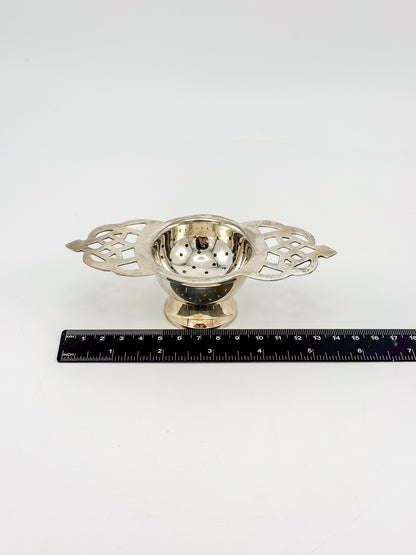 Vintage Silver or Nickel Plated Tea Strainer with Reticulated Celtic Knotwork Handles and Drip Bowl