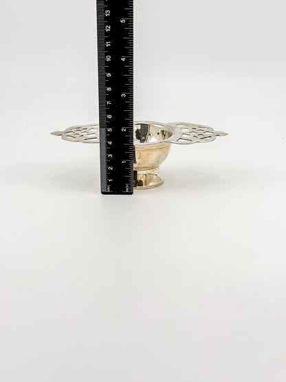 Vintage Silver or Nickel Plated Tea Strainer with Reticulated Celtic Knotwork Handles and Drip Bowl