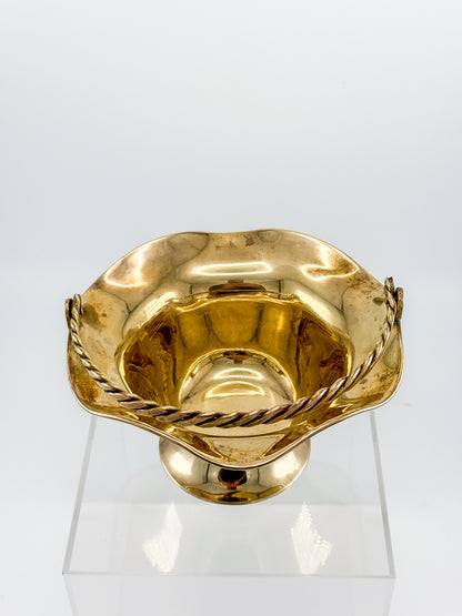 Vintage Polished Brass Basket with Twisted Rope Handle and Ruffled Scalloped Rim on Pedestal Base