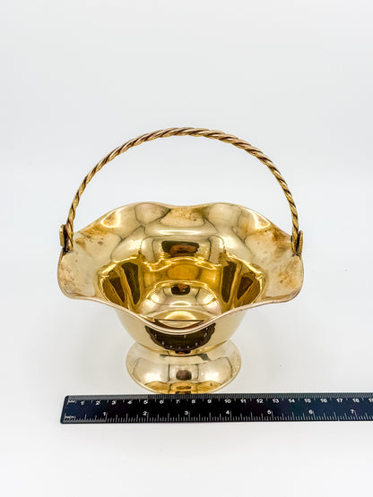 Vintage Polished Brass Basket with Twisted Rope Handle and Ruffled Scalloped Rim on Pedestal Base