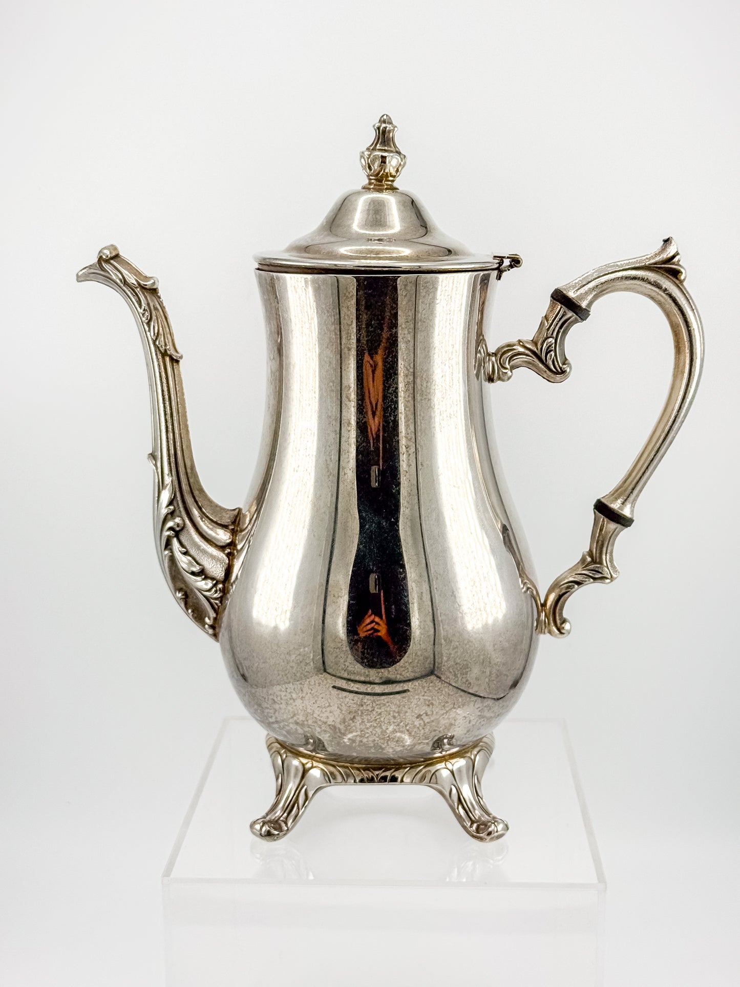 Vintage International Silver Co. Ornate Silver-Plate Teapot with Hinged Lid and Scroll Feet