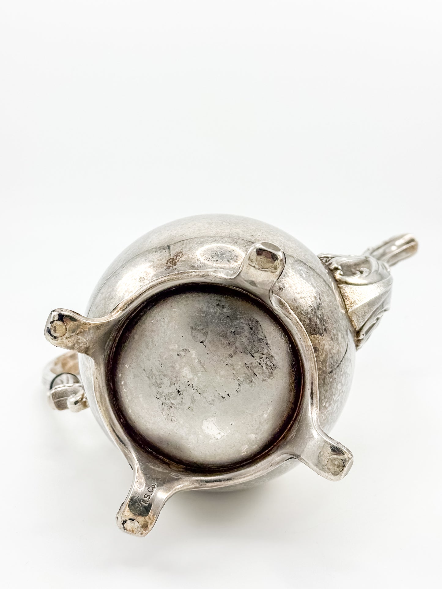 Vintage International Silver Co. Ornate Silver-Plate Teapot with Hinged Lid and Scroll Feet