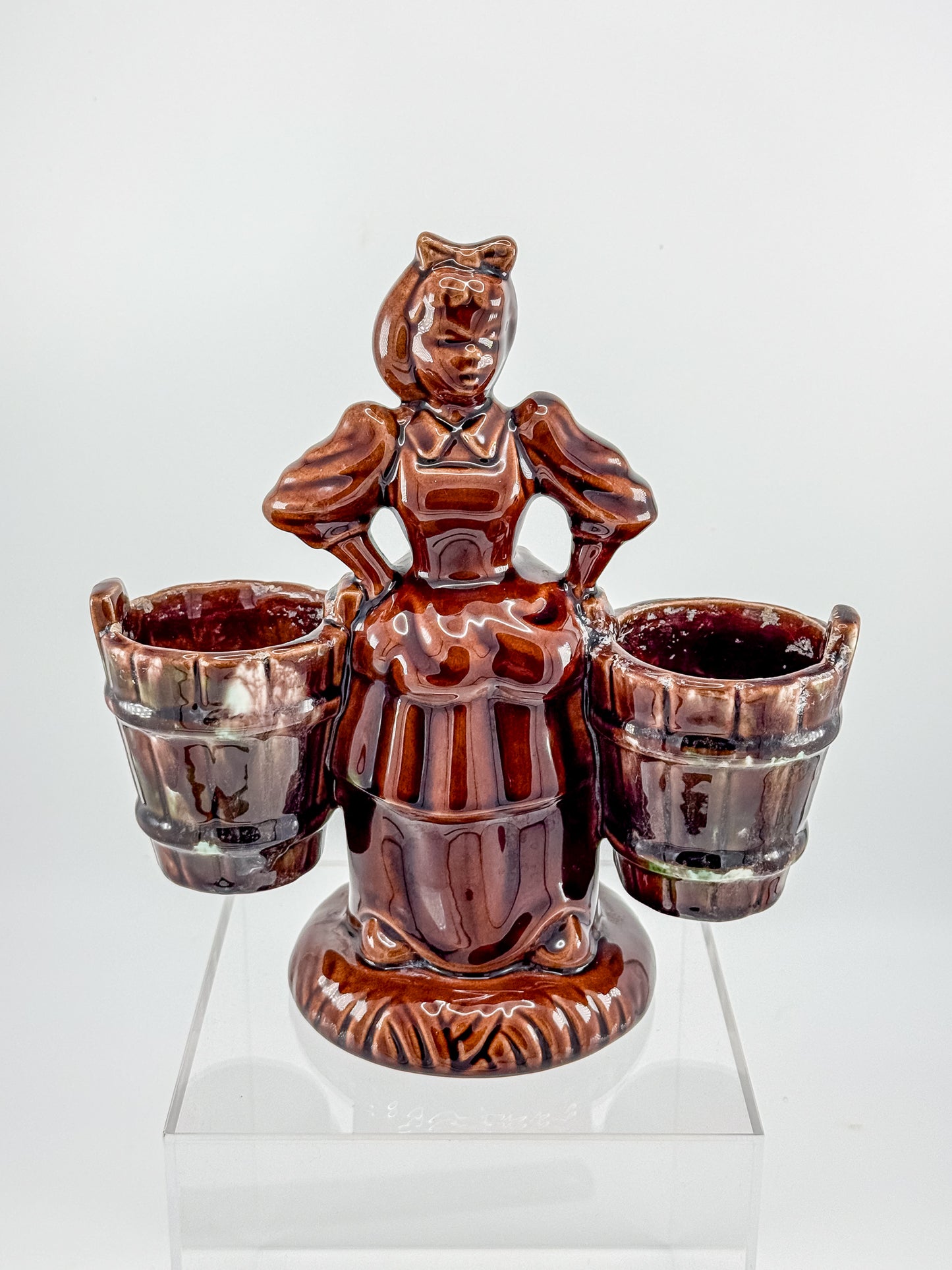 Vintage Haeger Pottery Milkmaid Figural Double Planter in Dark Brown Glaze, 8" Tall