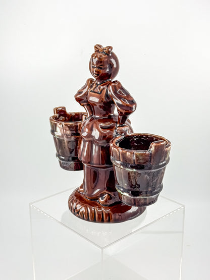 Vintage Haeger Pottery Milkmaid Figural Double Planter in Dark Brown Glaze, 8" Tall