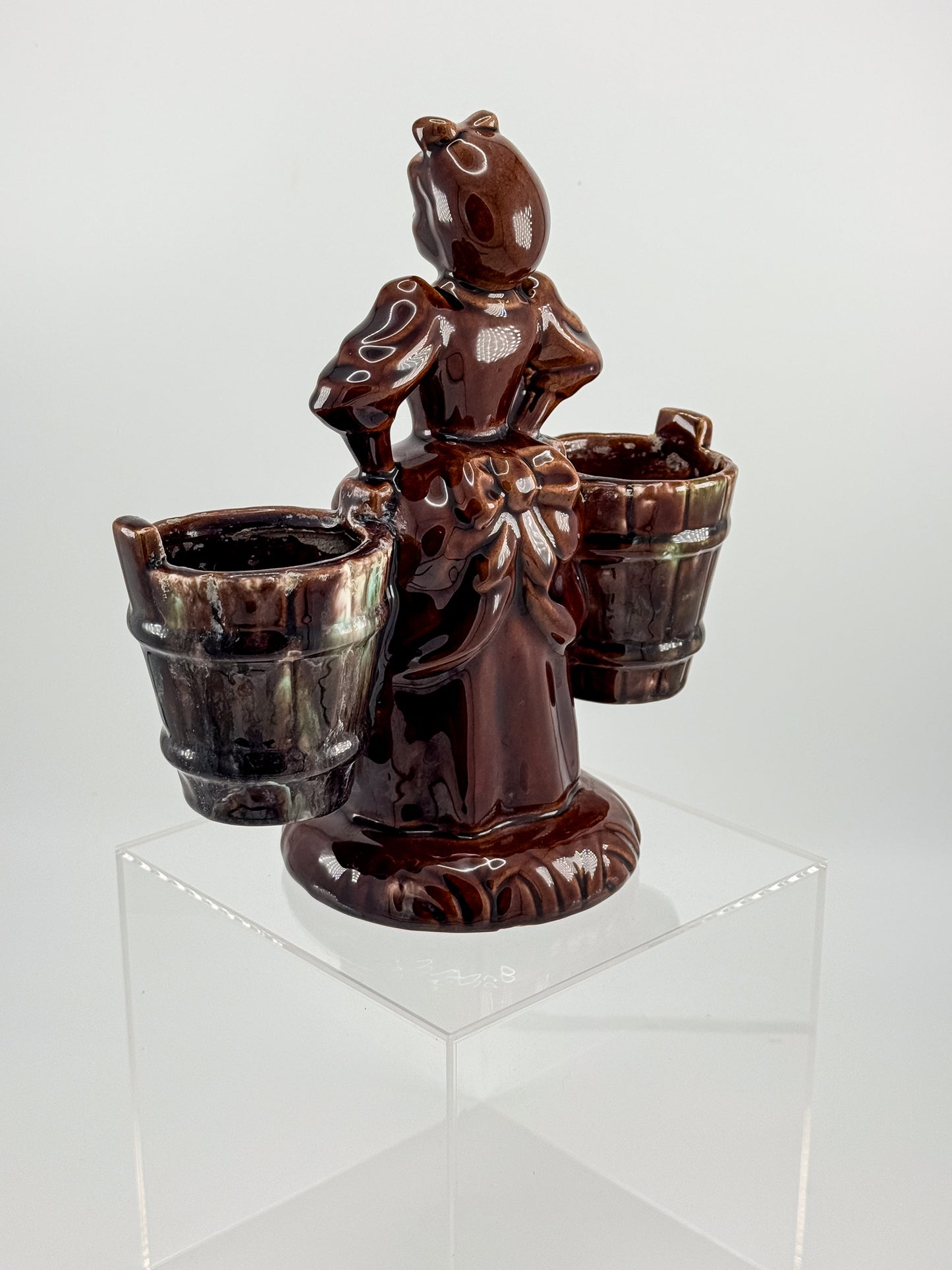 Vintage Haeger Pottery Milkmaid Figural Double Planter in Dark Brown Glaze, 8" Tall