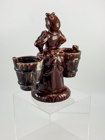 Vintage Haeger Pottery Milkmaid Figural Double Planter in Dark Brown Glaze, 8" Tall