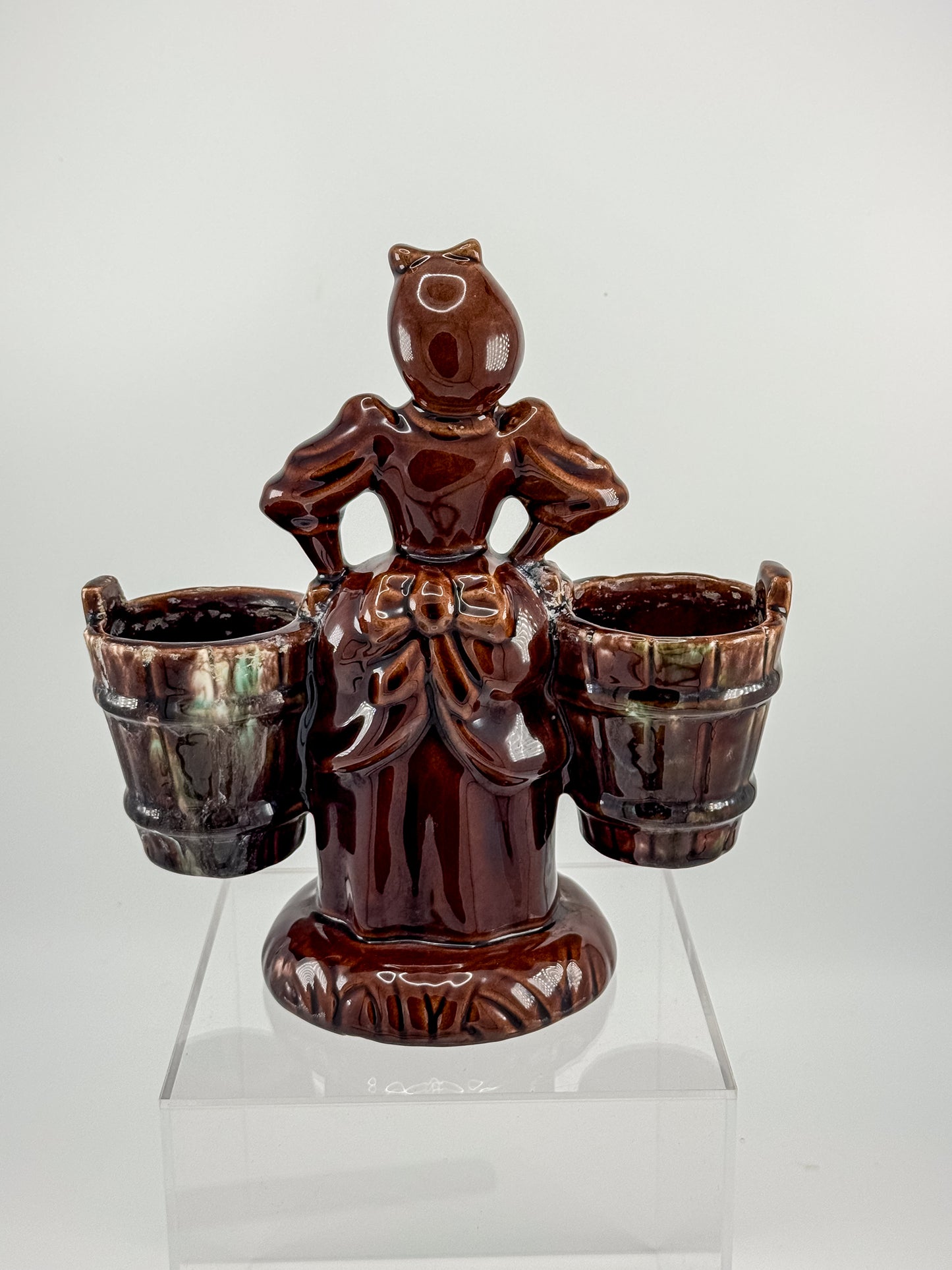 Vintage Haeger Pottery Milkmaid Figural Double Planter in Dark Brown Glaze, 8" Tall