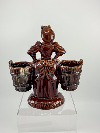 Vintage Haeger Pottery Milkmaid Figural Double Planter in Dark Brown Glaze, 8" Tall