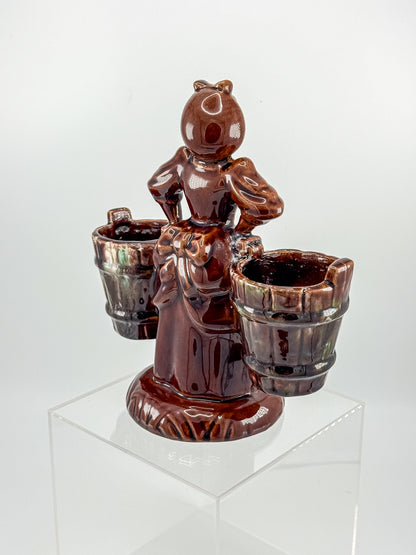 Vintage Haeger Pottery Milkmaid Figural Double Planter in Dark Brown Glaze, 8" Tall