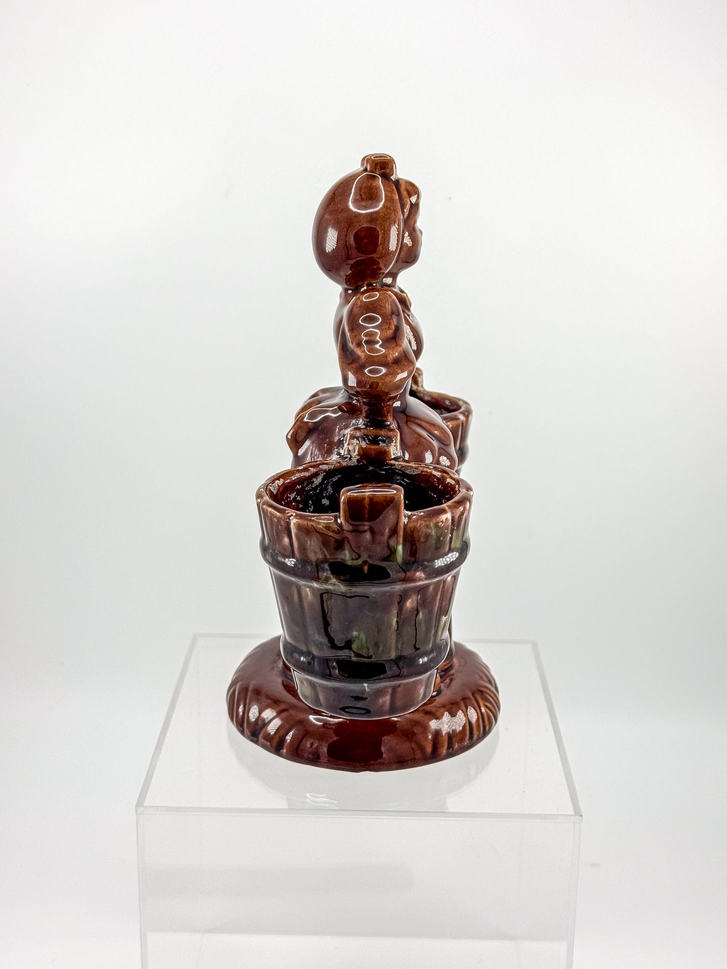 Vintage Haeger Pottery Milkmaid Figural Double Planter in Dark Brown Glaze, 8" Tall