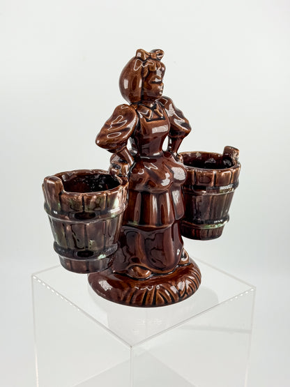 Vintage Haeger Pottery Milkmaid Figural Double Planter in Dark Brown Glaze, 8" Tall