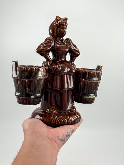 Vintage Haeger Pottery Milkmaid Figural Double Planter in Dark Brown Glaze, 8" Tall