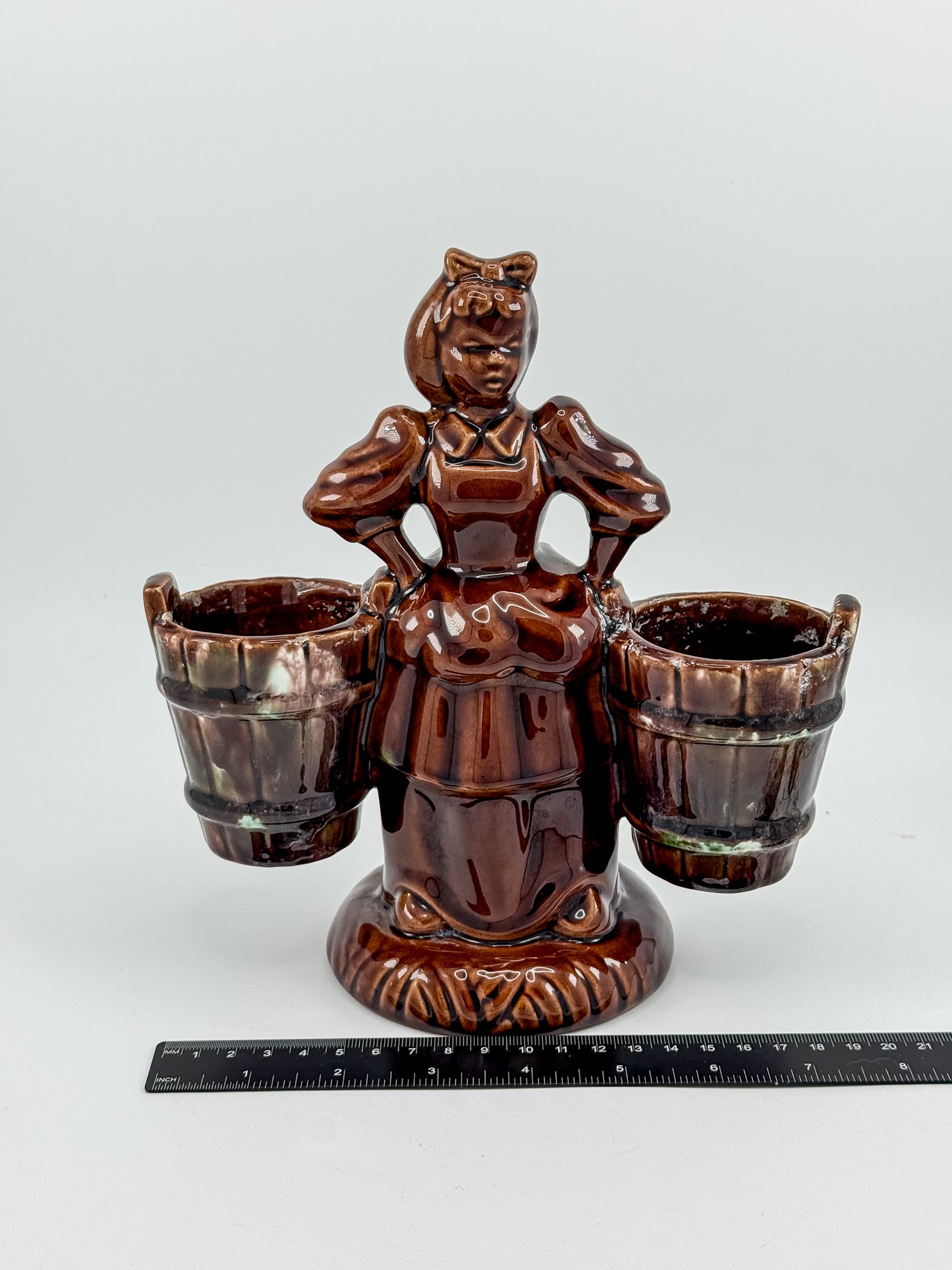Vintage Haeger Pottery Milkmaid Figural Double Planter in Dark Brown Glaze, 8" Tall
