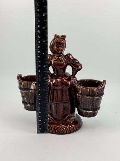 Vintage Haeger Pottery Milkmaid Figural Double Planter in Dark Brown Glaze, 8" Tall