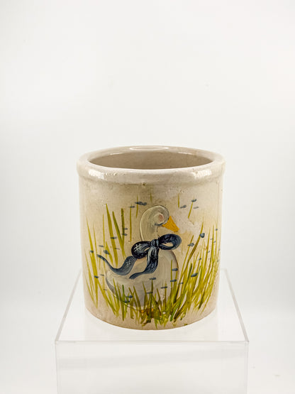 Vintage Robinson Ransbottom RRP Co. Stoneware Crock with Hand-Painted Goose and Blue Bow