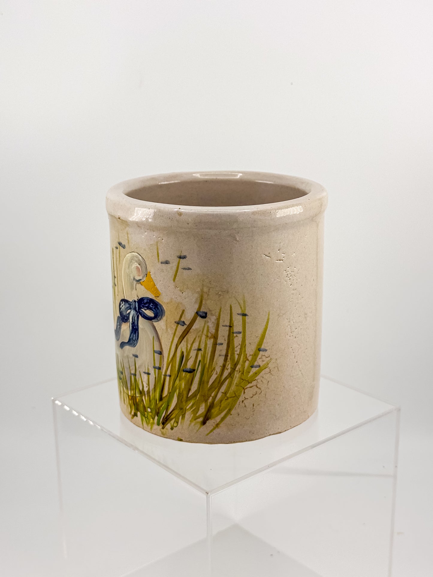Vintage Robinson Ransbottom RRP Co. Stoneware Crock with Hand-Painted Goose and Blue Bow