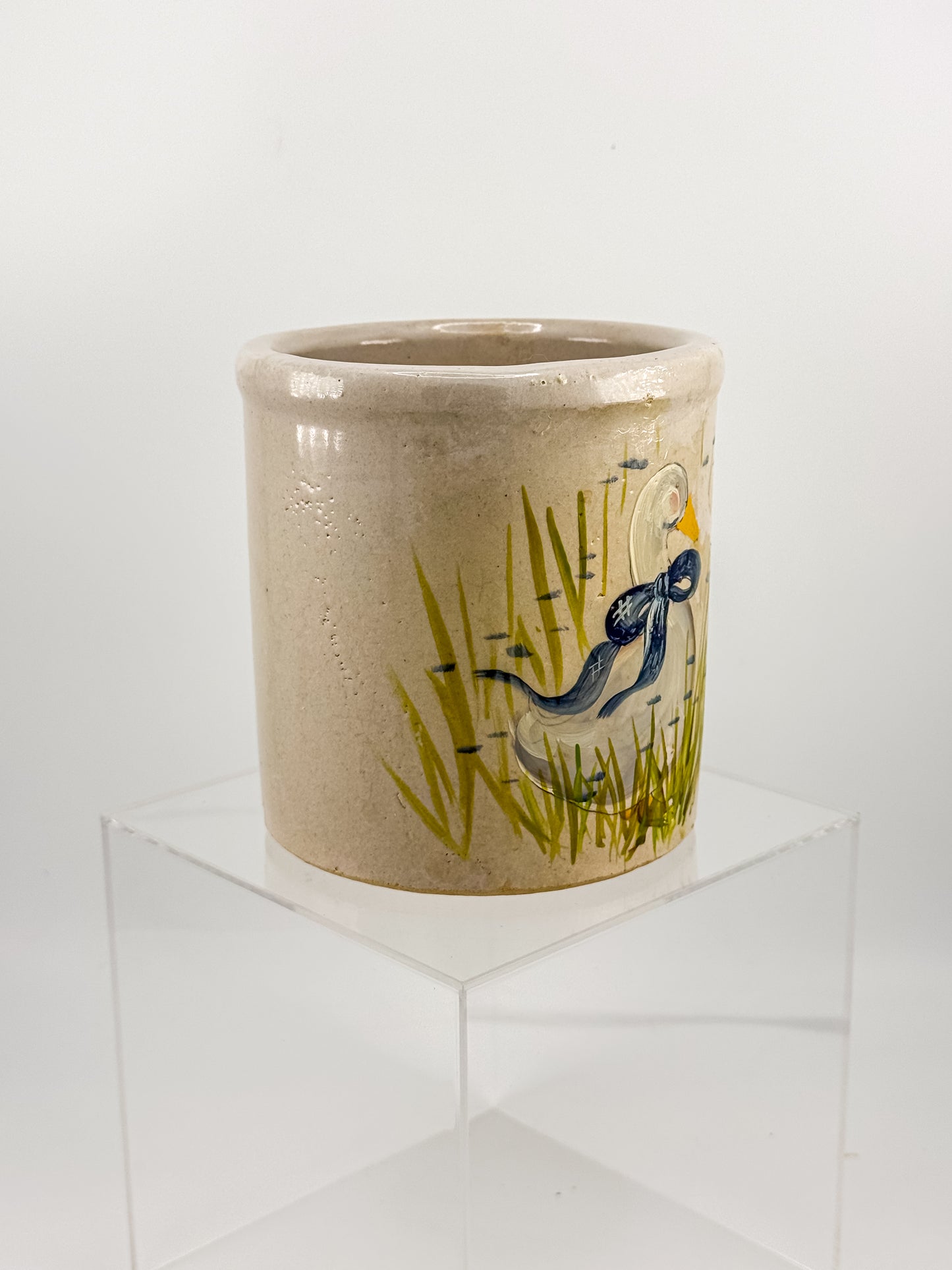 Vintage Robinson Ransbottom RRP Co. Stoneware Crock with Hand-Painted Goose and Blue Bow