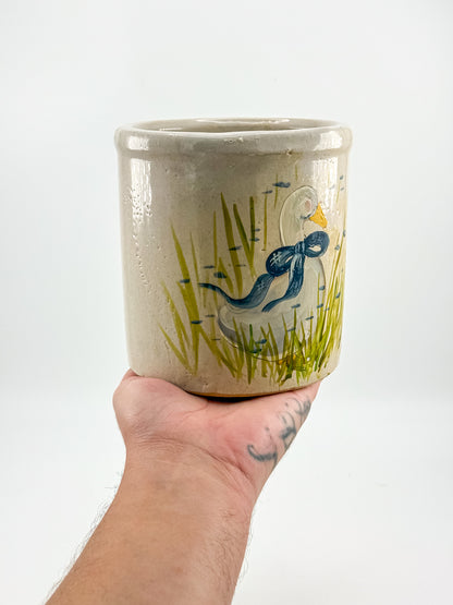 Vintage Robinson Ransbottom RRP Co. Stoneware Crock with Hand-Painted Goose and Blue Bow