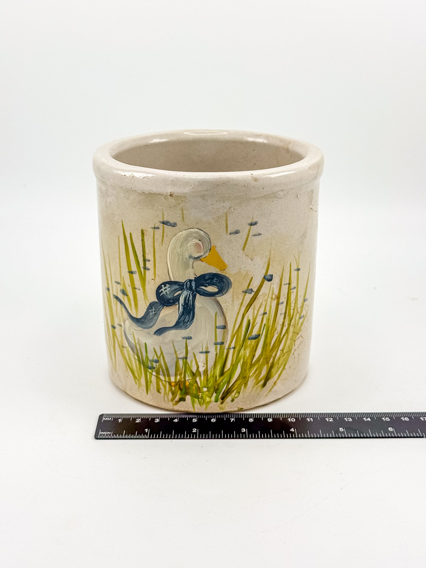 Vintage Robinson Ransbottom RRP Co. Stoneware Crock with Hand-Painted Goose and Blue Bow