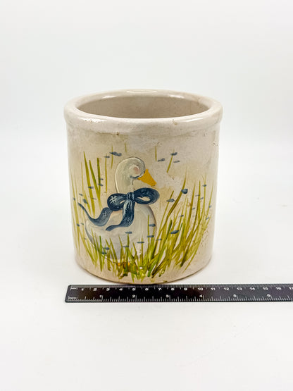 Vintage Robinson Ransbottom RRP Co. Stoneware Crock with Hand-Painted Goose and Blue Bow