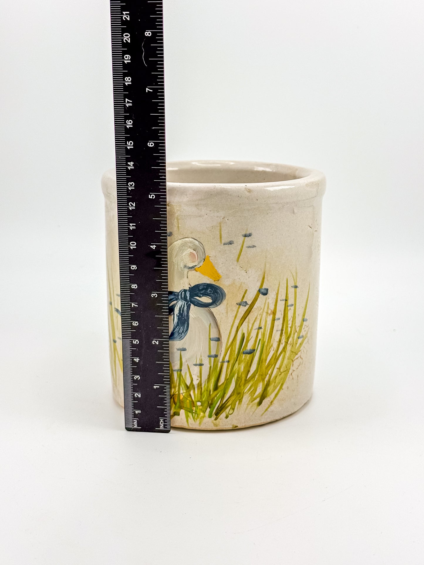 Vintage Robinson Ransbottom RRP Co. Stoneware Crock with Hand-Painted Goose and Blue Bow