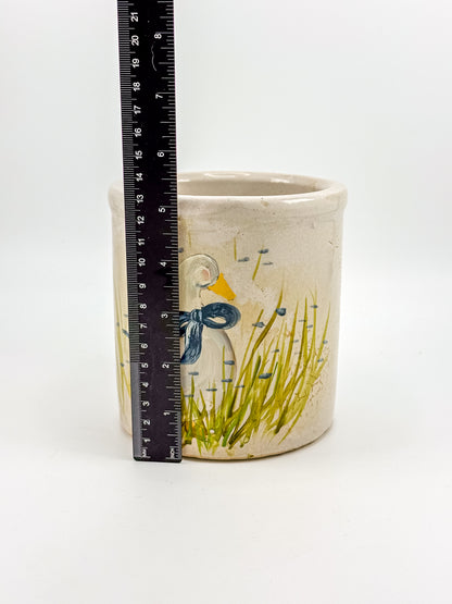 Vintage Robinson Ransbottom RRP Co. Stoneware Crock with Hand-Painted Goose and Blue Bow