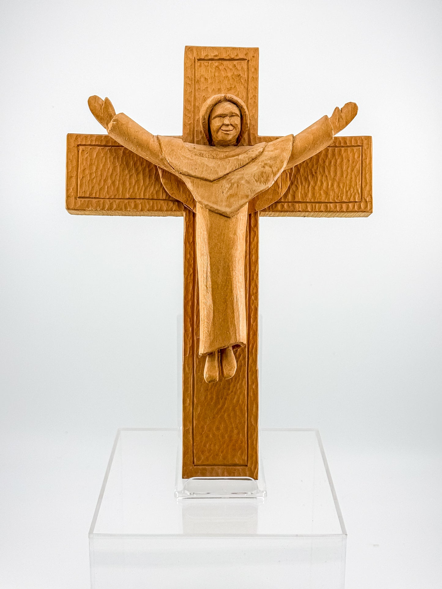 Vintage Hand-Carved Wood Risen Christ Crucifix, Folk Art Devotional Cross with Outstretched Arms, 11"