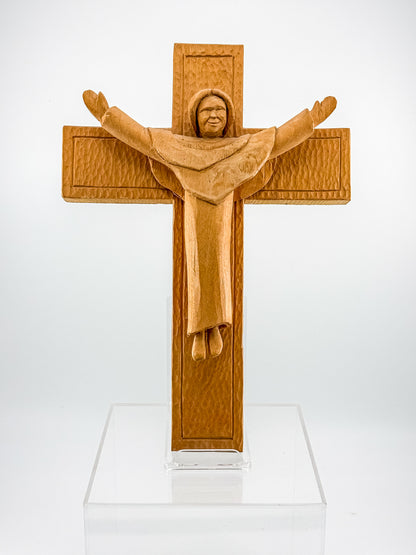Vintage Hand-Carved Wood Risen Christ Crucifix, Folk Art Devotional Cross with Outstretched Arms, 11"