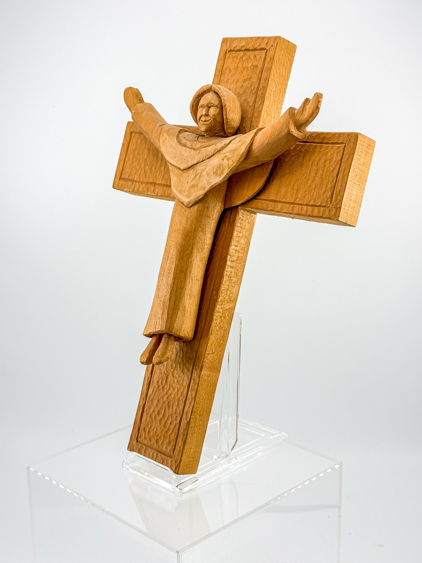 Vintage Hand-Carved Wood Risen Christ Crucifix, Folk Art Devotional Cross with Outstretched Arms, 11"