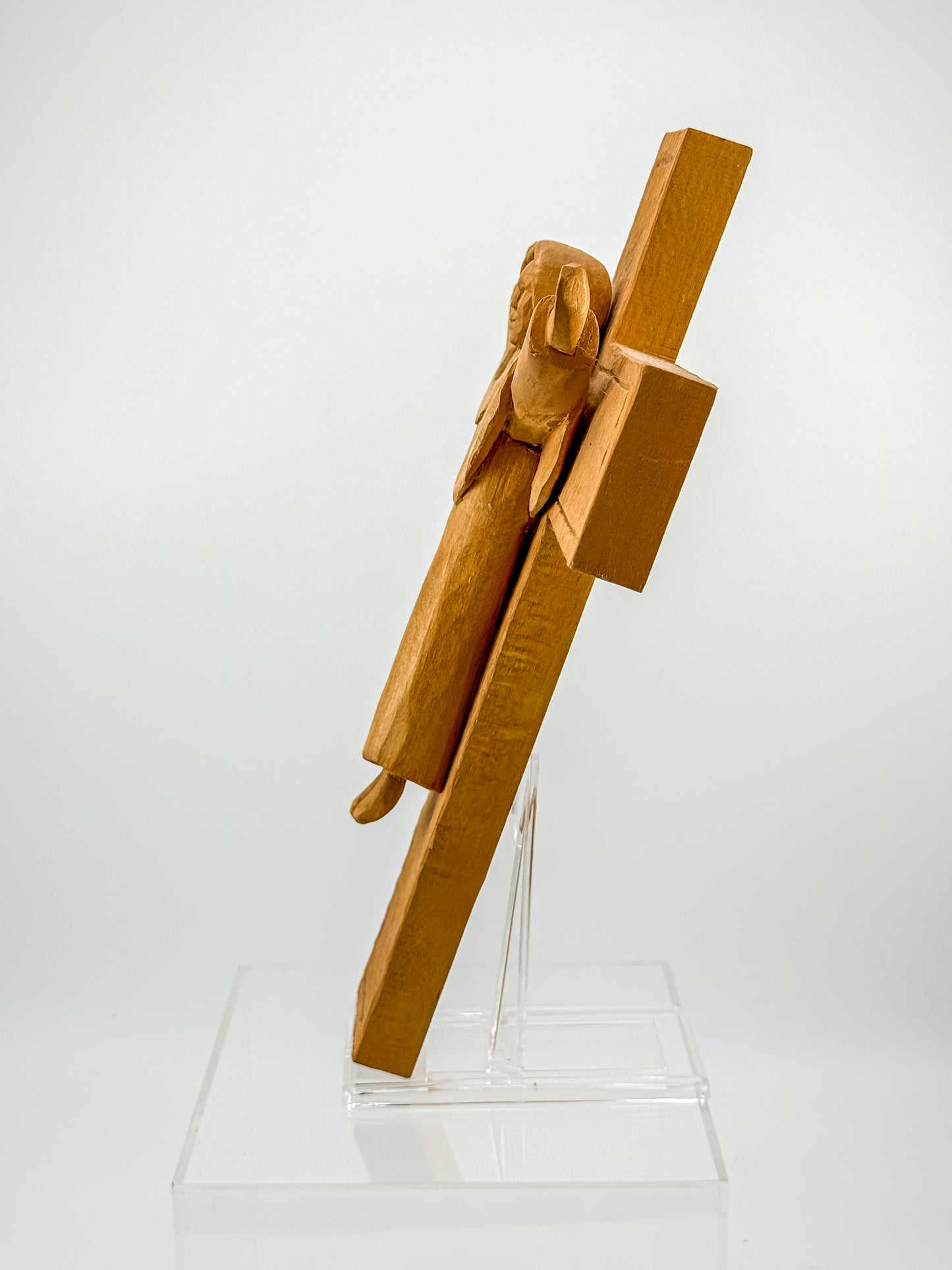 Vintage Hand-Carved Wood Risen Christ Crucifix, Folk Art Devotional Cross with Outstretched Arms, 11"