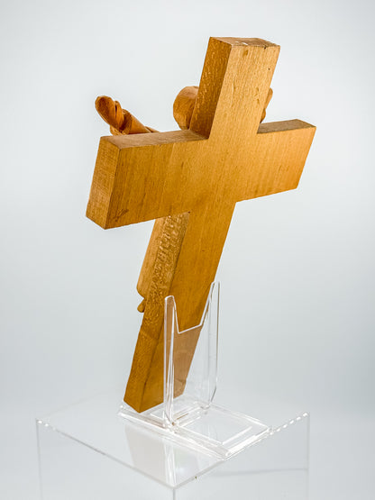 Vintage Hand-Carved Wood Risen Christ Crucifix, Folk Art Devotional Cross with Outstretched Arms, 11"